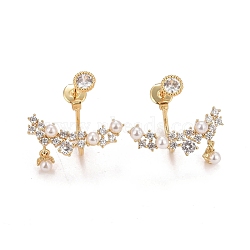 Clear Cubic Zirconia Branch Front Back Stud Earrings with Acrylic Pearl, Brass Drop Earrings for Women, Cadmium Free & Nickel Free & Lead Free, Real 18K Gold Plated, 18x22x11mm, Pin: 0.7mm(EJEW-C022-20G)