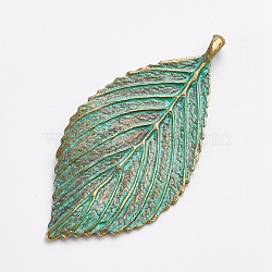 Tibetan Style Alloy Pendants, Leaf, Antique Bronze & Green Patina, 70x35x2mm, Hole: 3.5x4mm(X-PALLOY-F187-21ABG)