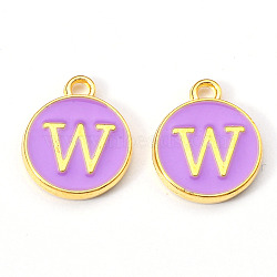 Golden Plated Alloy Enamel Charms, Enamelled Sequins, Flat Round with Letter, Medium Purple, Letter.W, 14x12x2mm, Hole: 1.5mm(ENAM-S118-10W)