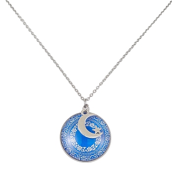Steel Blue Glass Flat Round & Alloy Pendant Necklace, with 304 Stainless Steel Chains, Moon, 18.35 inch(46.6cm)