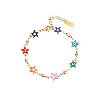 Golden Tone Stainless Steel Enamel Evil Eye Link Chain Bracelets for Women, Colorful, Star, 6-1/4 inch(16cm)