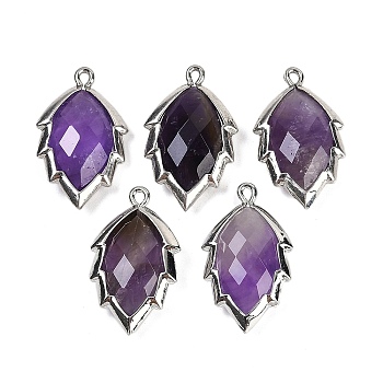 Natural Amethyst Faceted Leaf Pendants, Rack Plating Brass Charms, Platinum, 23x13.5x5.5mm, Hole: 1.2mm