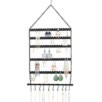 Iron Wall Earring Organizer, Hanging Earring Holder, 6 Layer Design and 12 Hooks, for Earrings, Necklaces and Rings, Rectangle, Electrophoresis Black, 45.5cm, rectangle: about 33x26.5x1.2cm