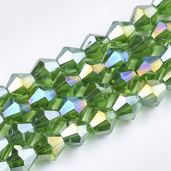 Electroplate Glass Beads Strands, AB Color Plated, Faceted, Bicone, Lime Green, 6x5.5~6mm, Hole: 1mm, about 47~48pcs/strand, 10.83 inch(27.5cm)