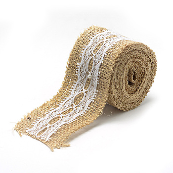 Burlap Ribbon, Hessian Ribbon, Jute Ribbon, with Lace, for Jewelry Making, Tan, 2 inch(50mm), about 2.187yards/roll(2m/roll), 12rolls/bag