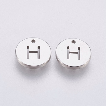 304 Stainless Steel Charms,  Flat Round with Letter, Stainless Steel Color, Letter.H, 10x1mm, Hole: 1mm