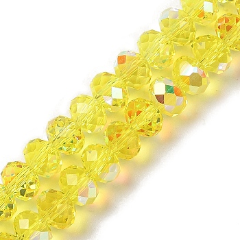 AB Color Plated Transparent Electroplate Beads Strands, Faceted, Round, Yellow, 7.5x6mm, Hole: 1mm, about 80~83pcs/strand, 18.31~19.88''(46.5~50.5cm)