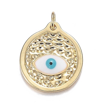 Brass Enamel Pendants, Long-Lasting Plated, Flat Round with Horse Evil Eye, White, Real 18K Gold Plated, 19.5x16.5x2.5mm, Hole: 3.5mm