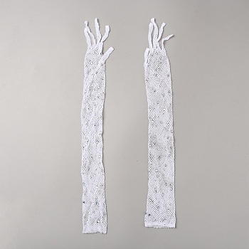 Polyester Mesh Long Gloves, with Rhinestones, for Carnival Garment Accessories, White, 455x55x2mm