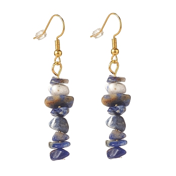 Natural Sodalite Chip Beaded Dangle Earrings, Gemstone Drop Earrings for Women, Brass Jewelry, Golden, 50~54x7~11.5x5~8mm, Pin: 0.7mm