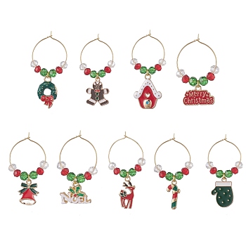 Christmas Theme Alloy Enamel Wine Glass Charms, with Brass Rings and Glass Beads, Mixed Shapes, Mixed Color, 39.5~58mm, 9pcs/set