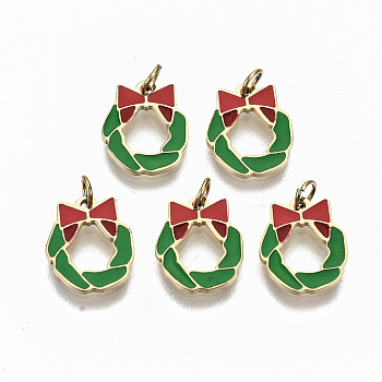 316 Surgical Stainless Steel Enamel Charms, with Jump Rings, Green Christmas Garland, Real 14K Gold Plated, 10x9x1mm, Jump Ring: 3.5x0.5mm, 2.5mm inner diameter