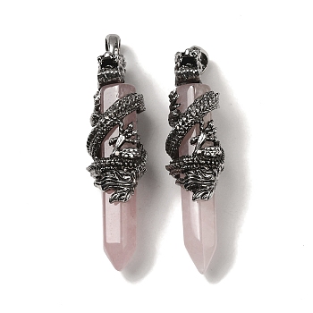 Natural Rose Quartz Pointed Big Pendants, Faceted Bullet Charms with Rack Plating Antique Silver Plated Alloy Gragon, Cadmium Free & Lead Free, 63~64x19~20x15.5mm, Hole: 7.5x6.5mm