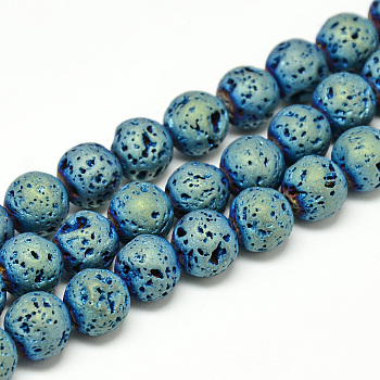 Electroplate Natural Lava Rock Beads Strands, Matte Style, Round, Green Plated, 6~7mm, Hole: 1mm, about 60pcs/strand, 14.7~15.1 inch
