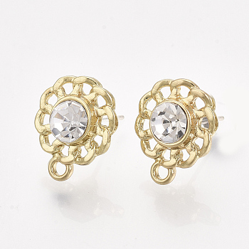 Alloy Rhinestone Stud Earring Findings, with Loop, Raw(Unplated) Pins, Flower, Light Gold, Crystal, 15x12mm, Hole: 1.6mm, Pin: 0.8mm