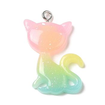 Translucent Resin Pendants, Glitter Cat Shaped Charms with Platinum Tone Iron Loops, Colorful, 30~30.5x21x4~5mm, Hole: 2mm