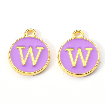 Golden Plated Alloy Enamel Charms, Enamelled Sequins, Flat Round with Letter, Medium Purple, Letter.W, 14x12x2mm, Hole: 1.5mm