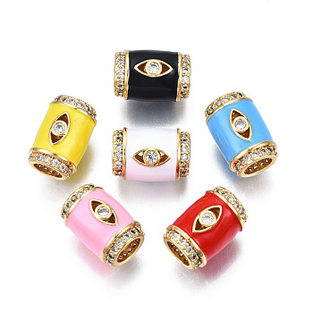 Brass Micro Pave Clear Cubic Zirconia European Beads, with Enamel, Large Hole Beads, Nickel Free, Real 18K Gold Plated, Column with Eye, Mixed Color, 16x11.5mm, Hole: 6.5mm