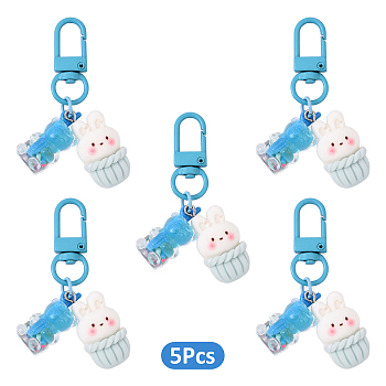 5Pcs Resin Pendant Decorations, wiht Alloy Swivel Clasps, Rabbit, Light Blue, 65mm