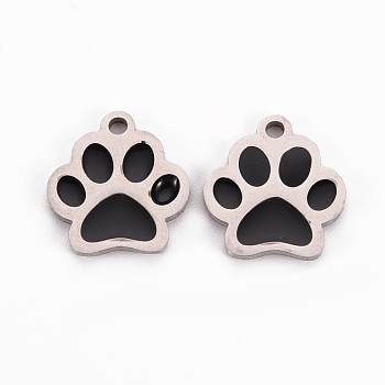 304 Stainless Steel Enamel Charms, Stainless Steel Color, Dog Paw Prints, Black, 13x12x1mm, Hole: 1.5mm
