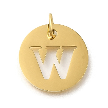 Ion Plating(IP) 304 Stainless Steel Pendants, with Jump Ring, Laser Cut, Flat Round with Letter Charm, Real 18K Gold Plated, Letter W, 20x1mm, Hole: 4.5mm