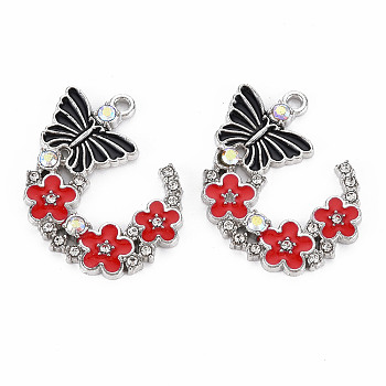 Alloy Rhinestone Pendants, with Enamel, Platinum, Butterfly with Flower, Red, 22x29x2mm, Hole: 1.8mm