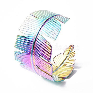 Ion Plating(IP) 304 Stainless Steel Feather Open Cuff Bangle for Women(BJEW-F442-01MC)-2