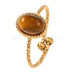 Oval Natural Tiger Eye Finger Rings, Golden Tone 304 Stainless Steel Cuff Rings for Women, Oval: 8x10x5mm, Inner Diameter: Adjustable(RJEW-Q822-38G-03)