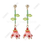 Dyed Natural Agate Dangle Stud Earrings, with Glass Seed & Acrylic, Flower with Life, Golden, Red, 55x17mm(EJEW-FS00085)