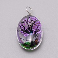 Dried Flower Inside Glass Pendant, with Iron Findings, Oval with Tree of Life Pattern, Purple, 33x18x4mm, Hole: 4mm(GLAA-WH0030-02B)