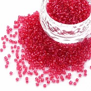 Glass Cylinder Beads, Seed Beads, Transparent Colours Rainbow, Round Hole, Crimson, 1.5~2x1~2mm, Hole: 0.8mm, about 8000pcs/bag, about 1pound/bag(SEED-S047-J-010)