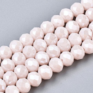 Electroplate Glass Beads Strands, Pearl Luster Plated, Faceted, Rondelle, Misty Rose, 4x3mm, Hole: 0.4mm, about 123~127pcs/strand, 16.5~16.9 inch(42~43cm)(EGLA-A034-P4mm-A08)