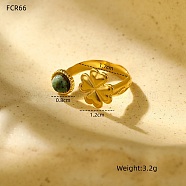 Natural Gemstone Open Cuff Rings for Women, 304 Stainless Steel Finger Rings, Golden, Clover, Inner Diameter: 18mm(RJEW-S415-02G-02)