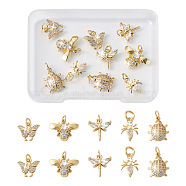 10Pcs 5 Style Brass Micro Pave Cubic Zirconia Pendants, Butterfly & Dragonfly & Bees, Golden, 10.5~13x8~17x2~3.5mm, Hole: 1.8~3.8mm, 2pcs/style(KK-FW0001-09)