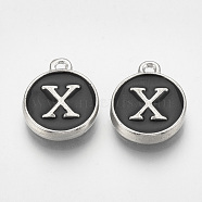 Alloy Enamel Charms, Flat Round with Letter, Platinum, Black, Letter.X, 14x11.5x2.5mm, Hole: 1mm(ENAM-T007-01-X)