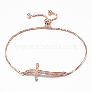 Adjustable Brass Micro Pave Cubic Zirconia Slider Bracelets, Bolo Bracelets, Cross, Rose Gold, 10-1/4 inch(260mm), 1.2mm(BJEW-E317-43RG)