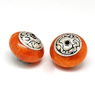 Handmade Tibetan Style Beads, Thailand 925 Sterling Silver with Turquoise, Coral and Beeswax, Flat Round, Antique Silver, Orange Red, 22x17.5mm, Hole: 2mm(TIBEB-K023-02D-22mm)