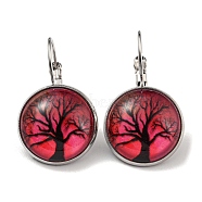 Tree of Life Glass Leverback Earrings with Brass Earring Pins, Crimson, 29mm(EJEW-Q798-01V)