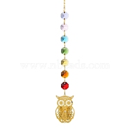 Iron Hanging Ornaments, Glass AB Color Octagonal Beads Tassel Suncatchers for Outdoor Garden Dcorations, Owl, 385mm(AJEW-H154-04F)