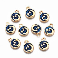 Alloy Enamel Charms, with Crystal Rhinestone with Glitter Powder, Cadmium Free & Lead Free, Flat Round with Moon, Light Gold, Blue, 13x10x2mm, Hole: 1.6mm(X-ENAM-S126-008-RS)