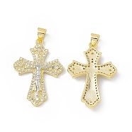 Rack Plating Eco-friendly Brass Charms, Micro Pave Clear Cubic Zirconia, Long-Lasting Plated, Lead Free & Cadmium Free, Religion Crucifix Cross Charm, Real 18K Gold Plated & Real Platinum Plated, 20x21x4mm, Hole: 4x3mm(KK-B065-10P)