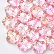 Transparent Spray Painted Glass Beads, with Glitter Powder, Dog Paw Prints, Pink, 11x12x4.5mm, Hole: 1mm(X-GGLA-S054-008B-03)