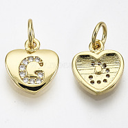 Brass Micro Pave Clear Cubic Zirconia Charms, with Jump Ring, Heart with Letter, Real 16K Gold Plated, Nickel Free, Letter.G, 10x9x2mm, Jump Ring: 5x1mm, 3mm inner diameter(KK-N227-34G-NF)