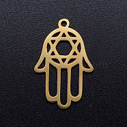201 Stainless Steel Pendants, for Jewish, Hand/Hand of Fatima/Hand of Miriam with Star of David, Golden, 23x15x1mm, Hole: 1.4mm(STAS-Q201-JN316-2)