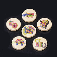 2-Hole Wooden Printed Buttons, Flat Round with Animal, Mixed Color, 15x4.5mm, Hole: 2mm(WOOD-S040-51)
