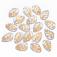 Transparent Spray Painted Glass Pendants, Gold Inlay Color, Leaf, Clear, 17.5x11x3.5mm, Hole: 1.2mm(GLAA-T016-15)