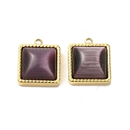 304 Stainless Steel Charms, with Cat Eye, Saqure Charms, Real 14K Gold Plated, Purple, 14.5x12x5.3mm, Hole: 1.4mm(STAS-L022-075G-01)
