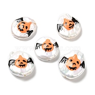 Baroque Style Natural Keshi Pearl Beads, Halloween Theme Beads with Enamel, Flat Round, Seashell Color, Bat, 17~20x15~17x4~7mm, Hole: 0.7mm(PEAR-G013-01G)