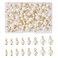 80Pcs 4 Style Eco-Friendly Dyed Glass Pearl Pendants, with Alloy Daisy Spacer Beads and Iron Flat Head Pins, Round, Golden, White, 12.5~19x6~12mm, Hole: 2.5~3.5mm, 20pcs/style(GLAA-CD0001-11)