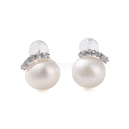 925 Sterling Silver Studs Earring, with Cubic Zirconia and Natural Pearl, Platinum, 10.5x9.5mm(EJEW-H002-15P)